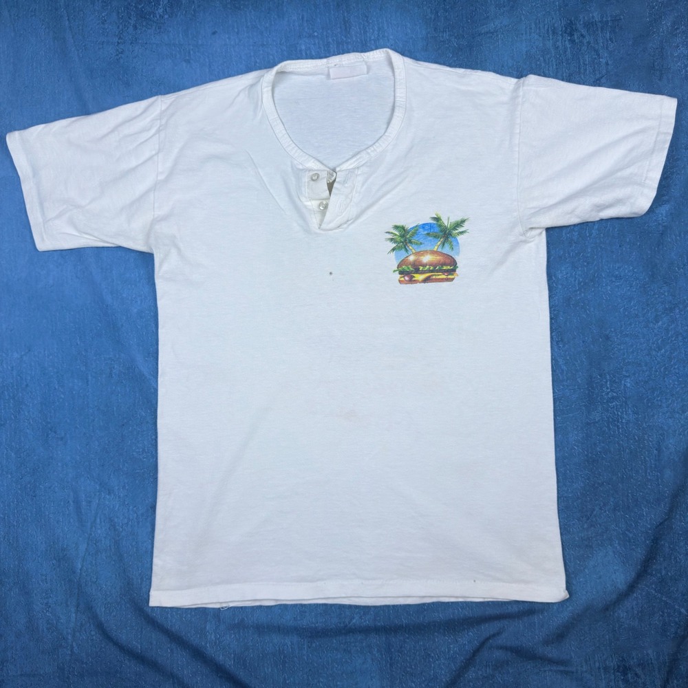 Vintage Cheeseburger in Paradise Henley T-Shirt White Graphic Toucan Mens L
